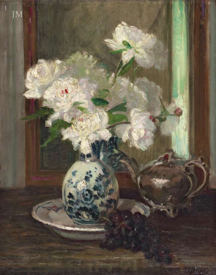 Peonies in a blue and white porcelain vase